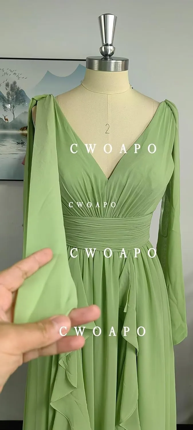 CWOAPO V Neck Ruffles Bridesmaid Dresses for Women Chiffon Long Ruched Formal Evening Party Gowns for Wedding Guest
