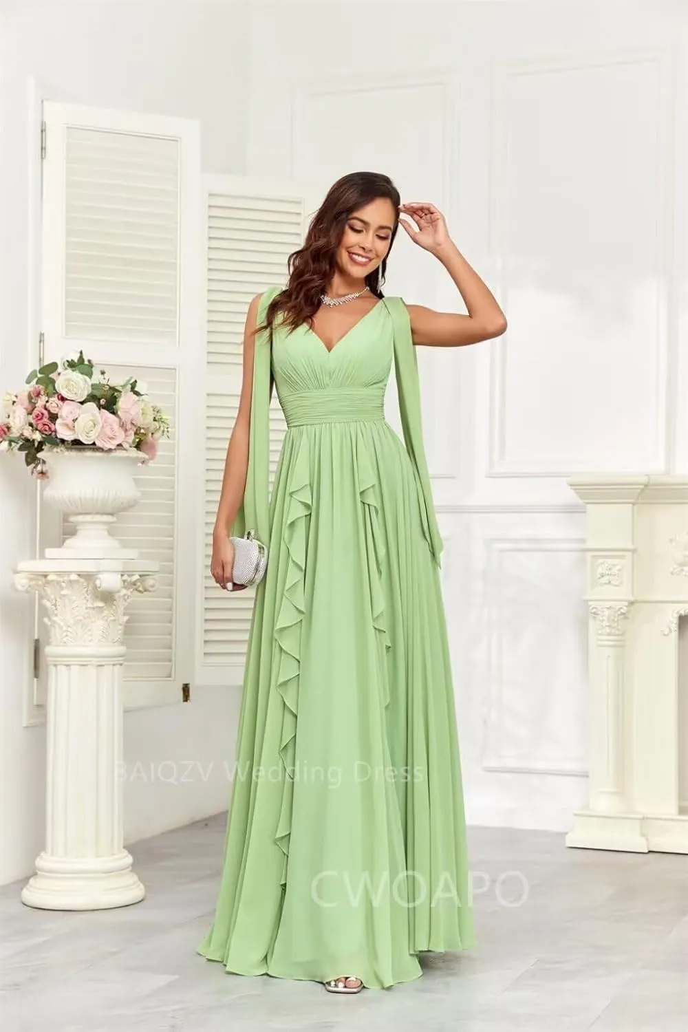 CWOAPO V Neck Ruffles Bridesmaid Dresses for Women Chiffon Long Ruched Formal Evening Party Gowns for Wedding Guest