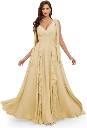 CWOAPO V Neck Ruffles Bridesmaid Dresses for Women Chiffon Long Ruched Formal Evening Party Gowns for Wedding Guest