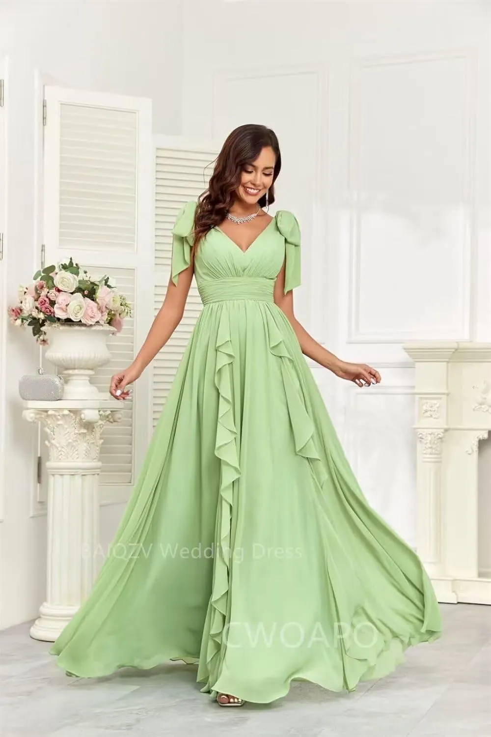 CWOAPO V Neck Ruffles Bridesmaid Dresses for Women Chiffon Long Ruched Formal Evening Party Gowns for Wedding Guest