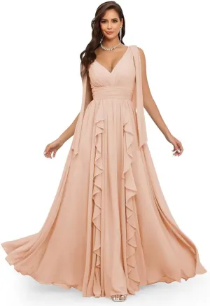 CWOAPO V Neck Ruffles Bridesmaid Dresses for Women Chiffon Long Ruched Formal Evening Party Gowns for Wedding Guest