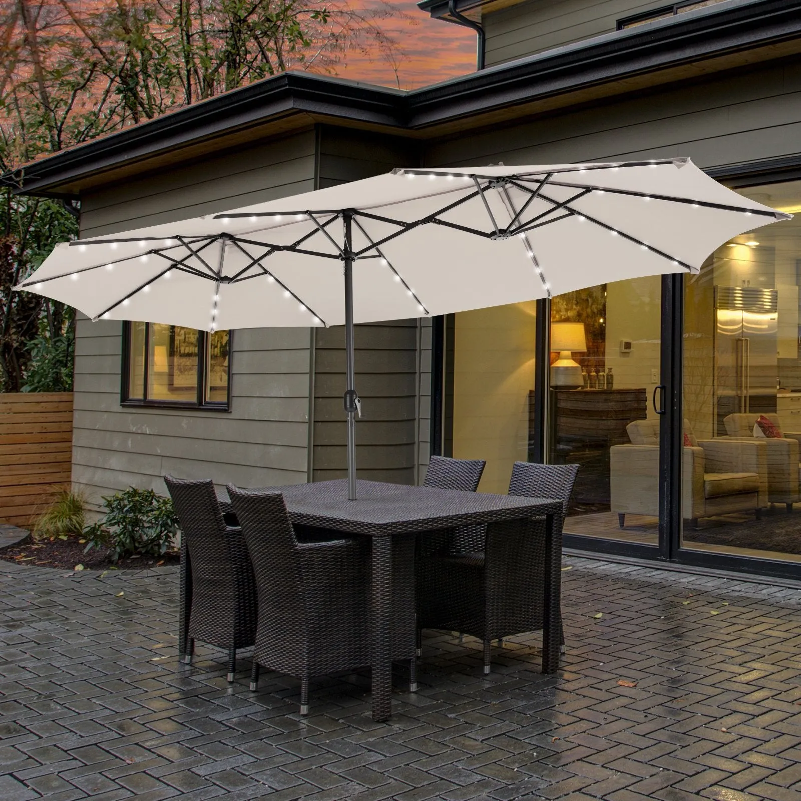 Double-Sided Outdoor Market Umbrella with Hand-Crank Mechanism-Beige