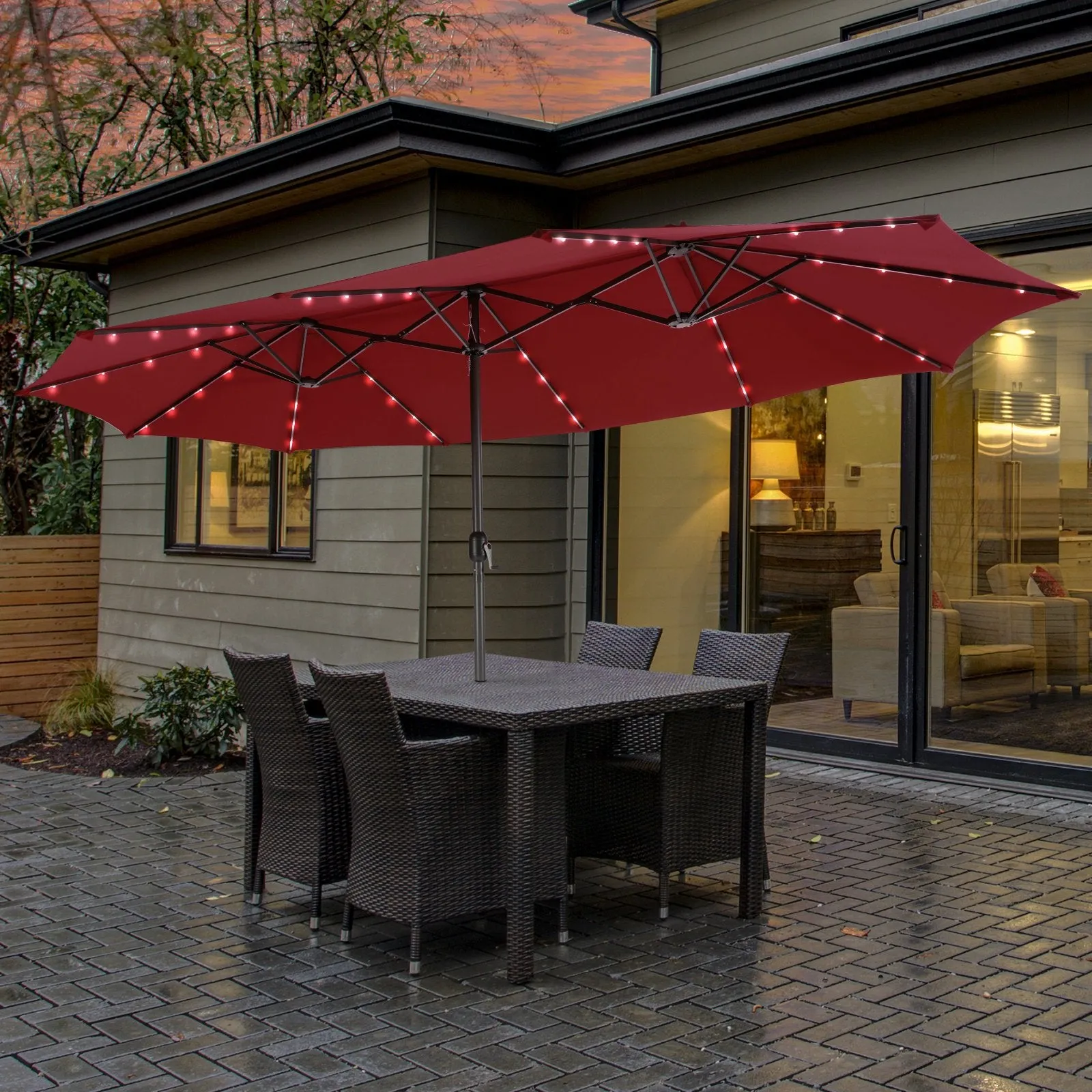 Double-Sided Outdoor Market Umbrella with Hand-Crank Mechanism-Wine
