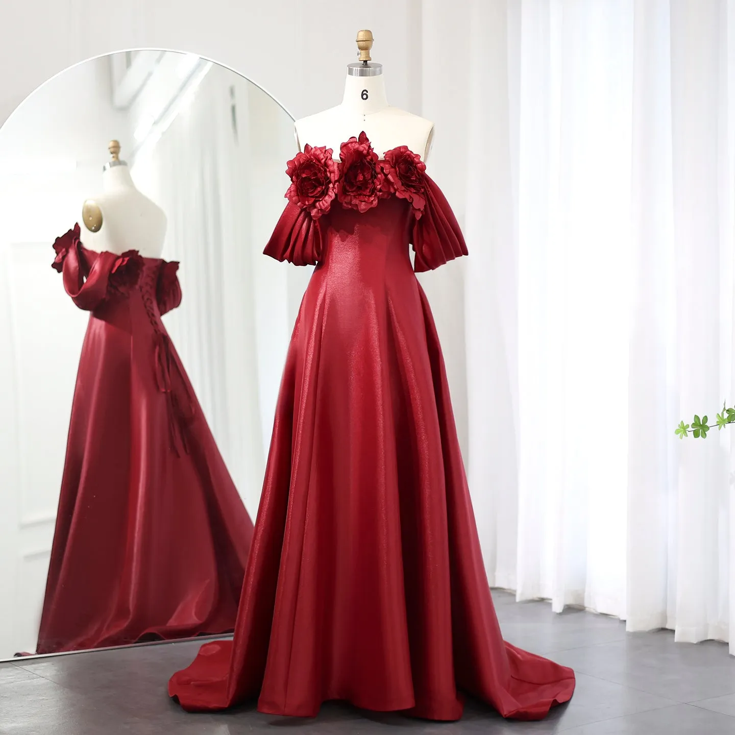 Elegant Burgundy 3D Flowers Off Shoulder Evening Dress SF489