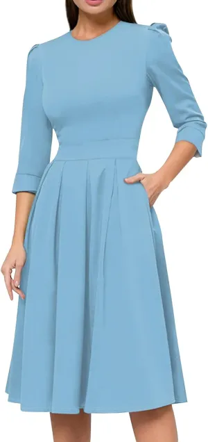 Elegant Women's Floral Print A-Line Midi Dress with 3/4 Sleeves Perfect for Casual and Formal Occasions