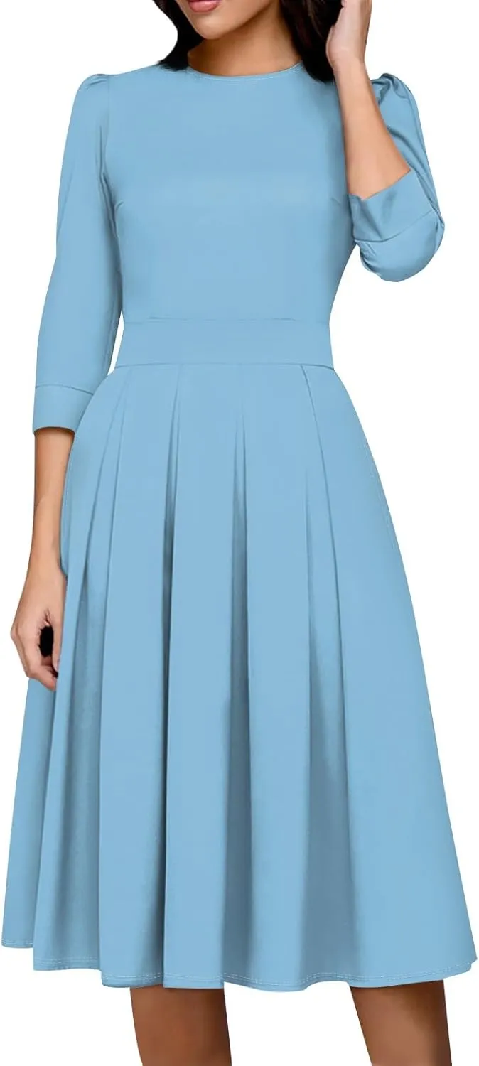 Elegant Women's Floral Print A-Line Midi Dress with 3/4 Sleeves Perfect for Casual and Formal Occasions