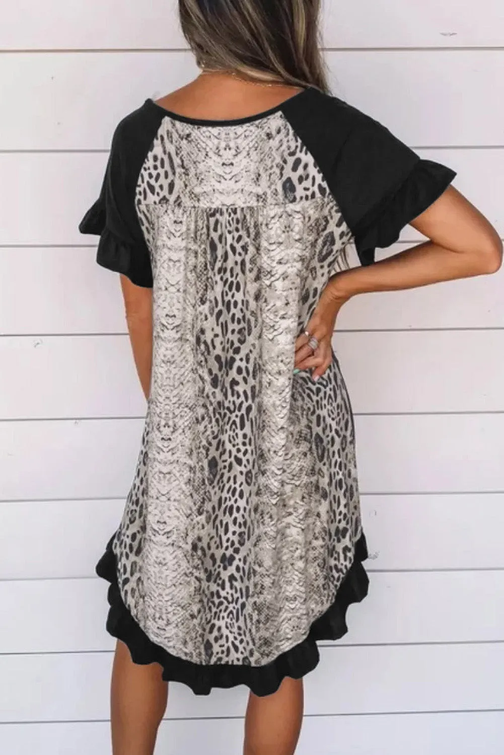 Flounce Design Animal Printed Short Sleeve Mini Dress