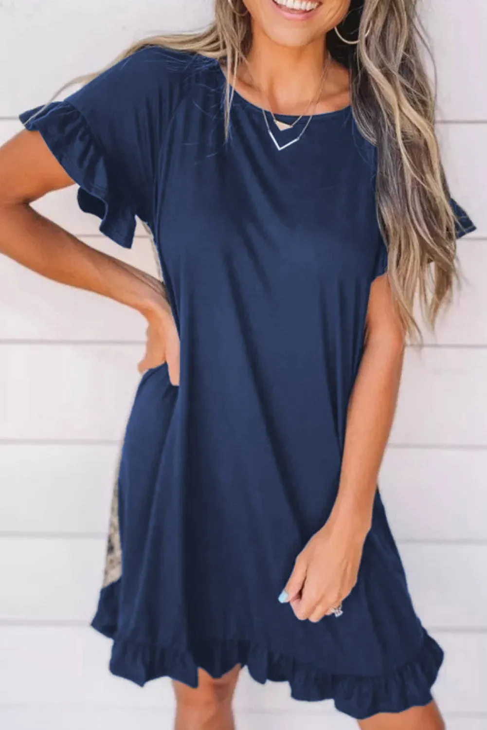 Flounce Design Animal Printed Short Sleeve Mini Dress