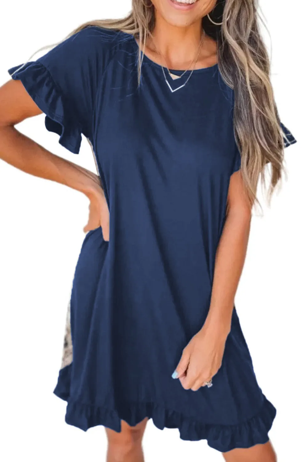 Flounce Design Animal Printed Short Sleeve Mini Dress