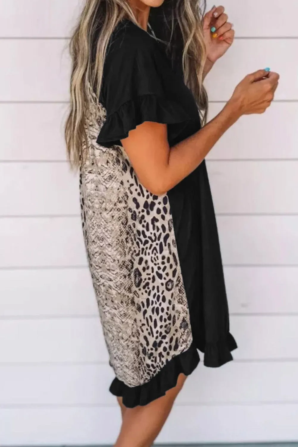 Flounce Design Animal Printed Short Sleeve Mini Dress