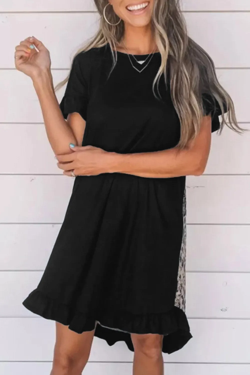 Flounce Design Animal Printed Short Sleeve Mini Dress
