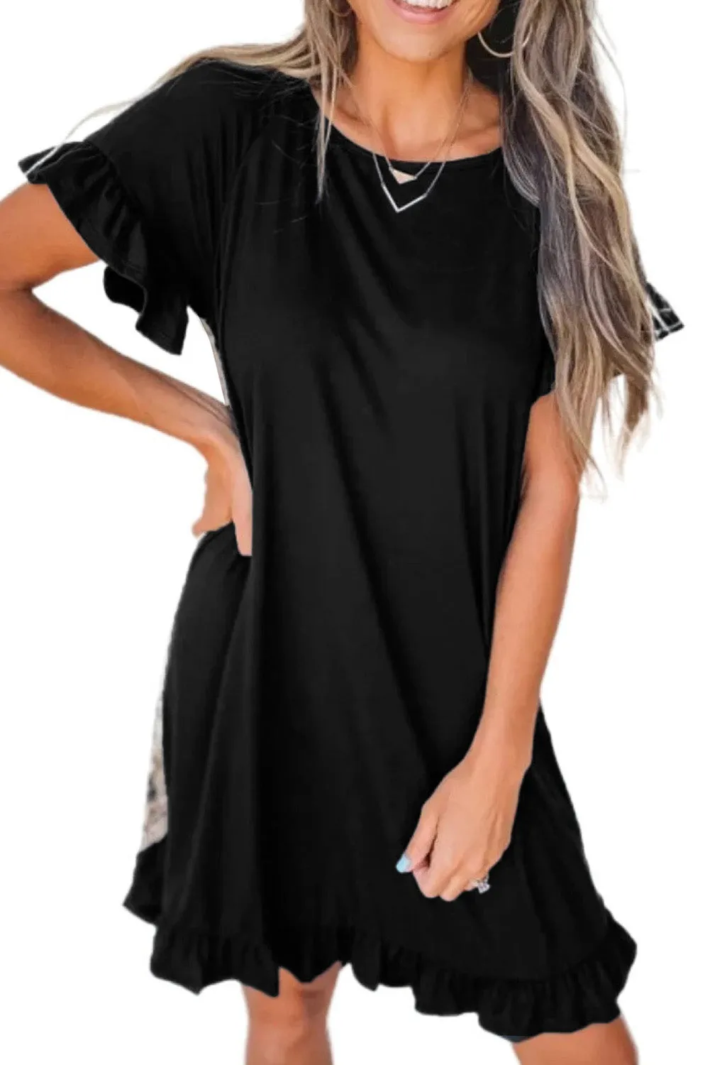 Flounce Design Animal Printed Short Sleeve Mini Dress