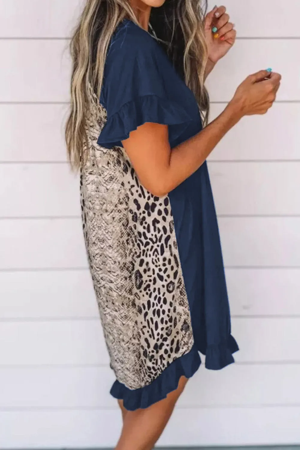 Flounce Design Animal Printed Short Sleeve Mini Dress