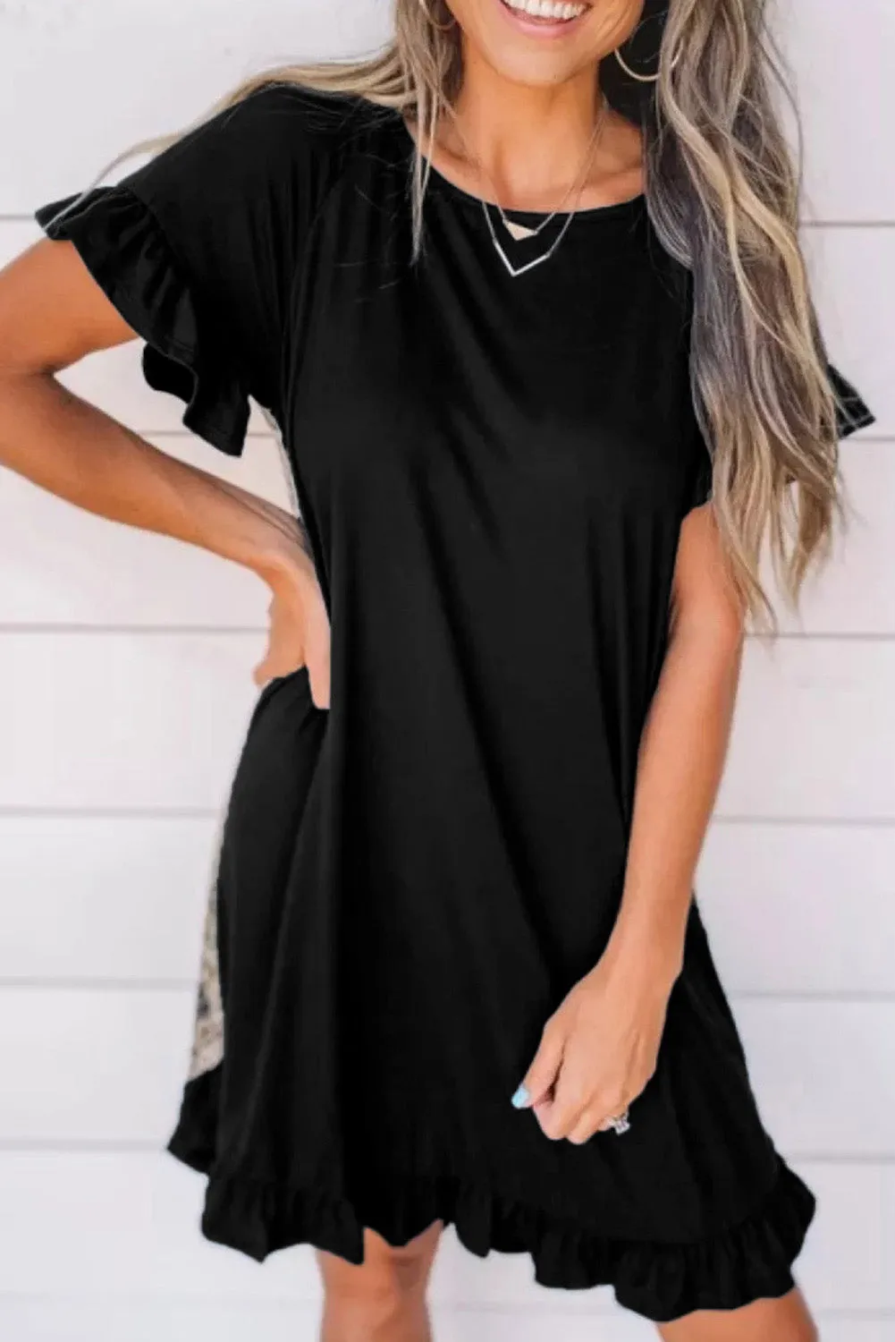 Flounce Design Animal Printed Short Sleeve Mini Dress