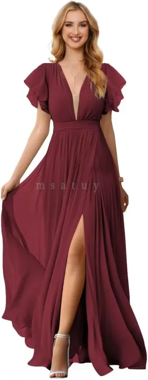 Flowy Chiffon Formal Bridesmaid Dresses V Neck Split Ruffle Sleeve Long Dress Evening Gowns for Wedding 2024