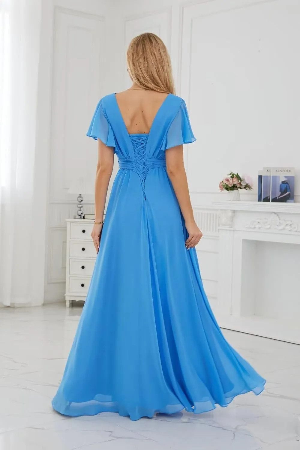 Flowy Chiffon Formal Bridesmaid Dresses V Neck Split Ruffle Sleeve Long Dress Evening Gowns for Wedding 2024