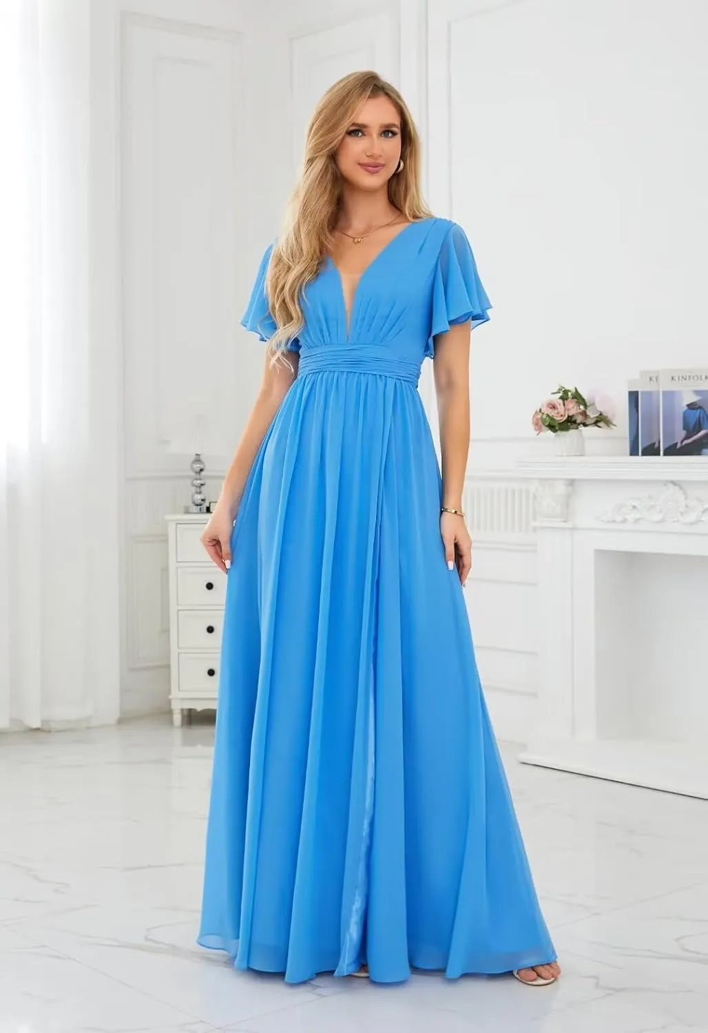 Flowy Chiffon Formal Bridesmaid Dresses V Neck Split Ruffle Sleeve Long Dress Evening Gowns for Wedding 2024