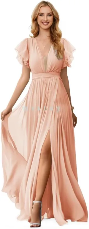 Flowy Chiffon Formal Bridesmaid Dresses V Neck Split Ruffle Sleeve Long Dress Evening Gowns for Wedding 2024