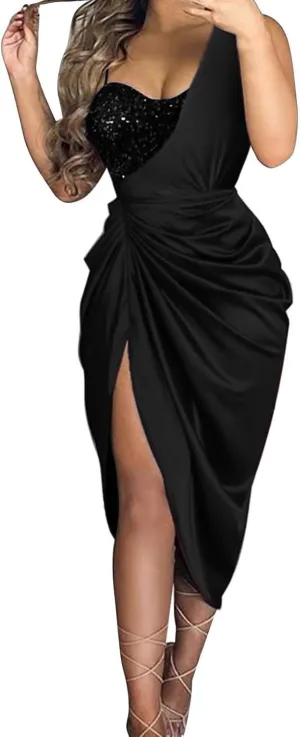 Formal Gowns for Women 2024 Elegant Ruched One-Shoulder Splice Midi Dress Sexy Side Shirring Sleeveless Evening Gowns