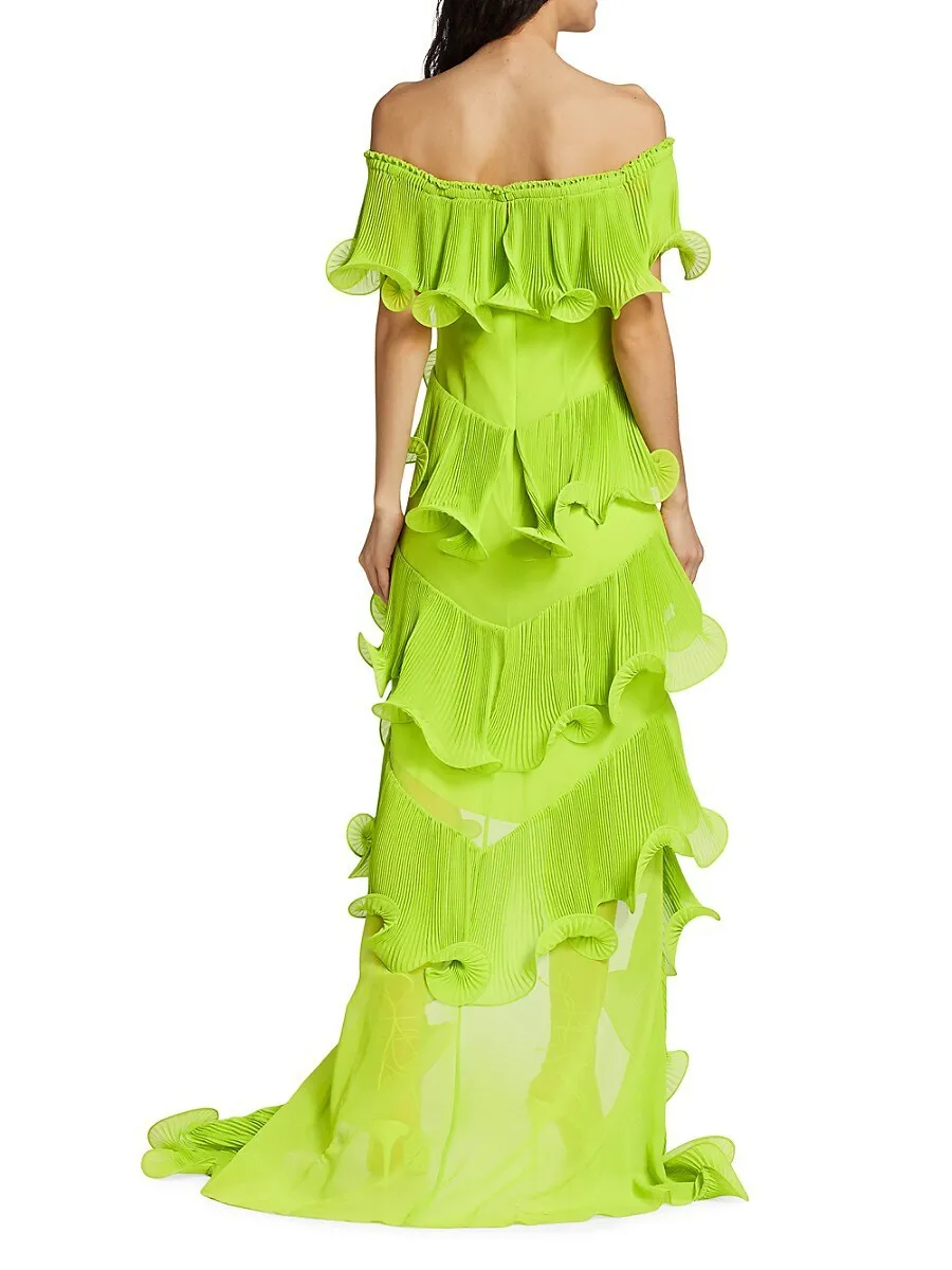 Gawain Green Off-Shoulder Pleated Organza Maxi Dress
