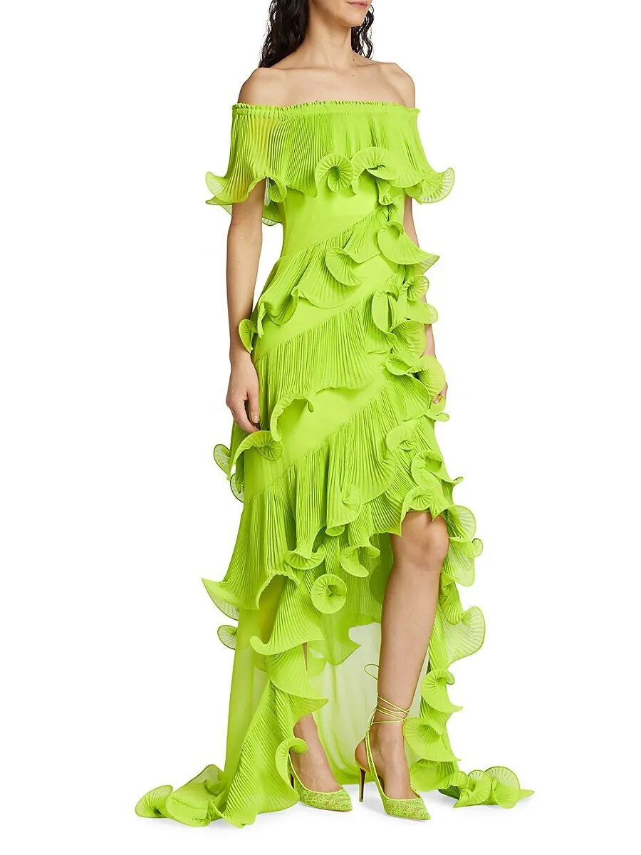 Gawain Green Off-Shoulder Pleated Organza Maxi Dress