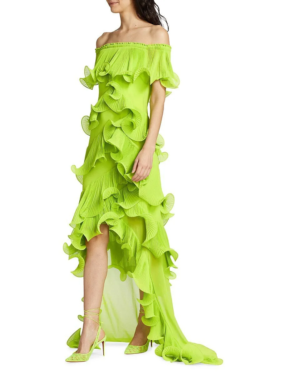 Gawain Green Off-Shoulder Pleated Organza Maxi Dress