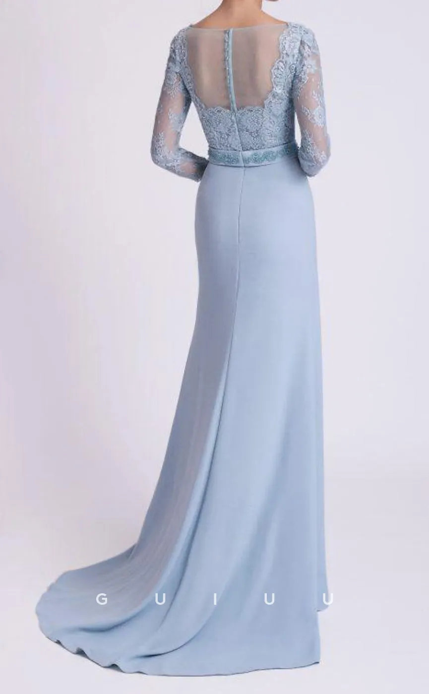 GM071 - Sheath V Neck Floor Length 34 Lengfh Sleeves Appliques Chiffon Mother of the Bride Dress