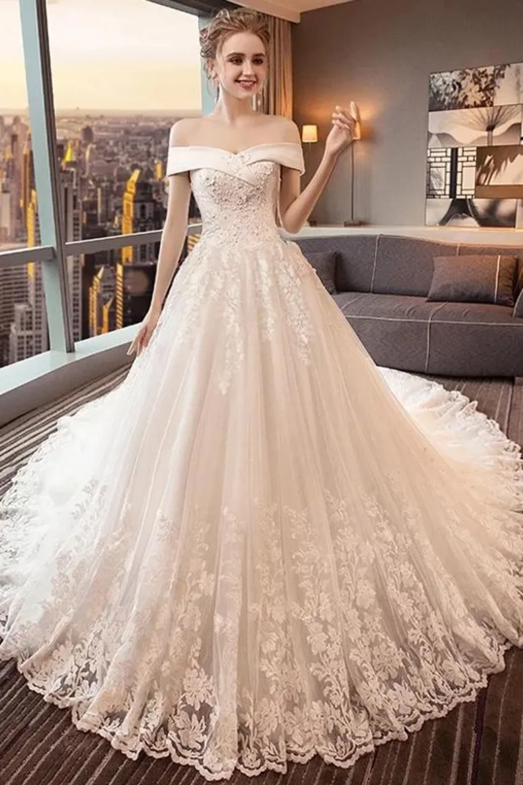 Gorgeous Off The Shoulder Lace Cathedral Train Wedding Dresses, Princess Bridal Dresses