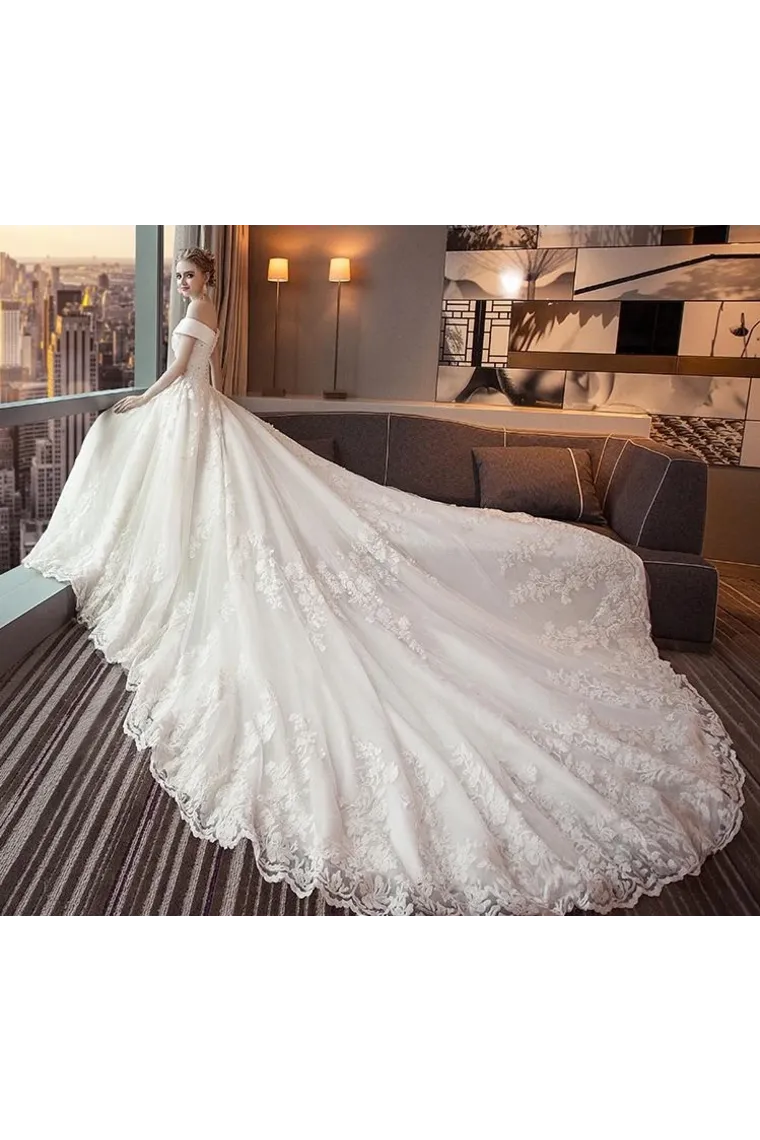 Gorgeous Off The Shoulder Lace Cathedral Train Wedding Dresses, Princess Bridal Dresses