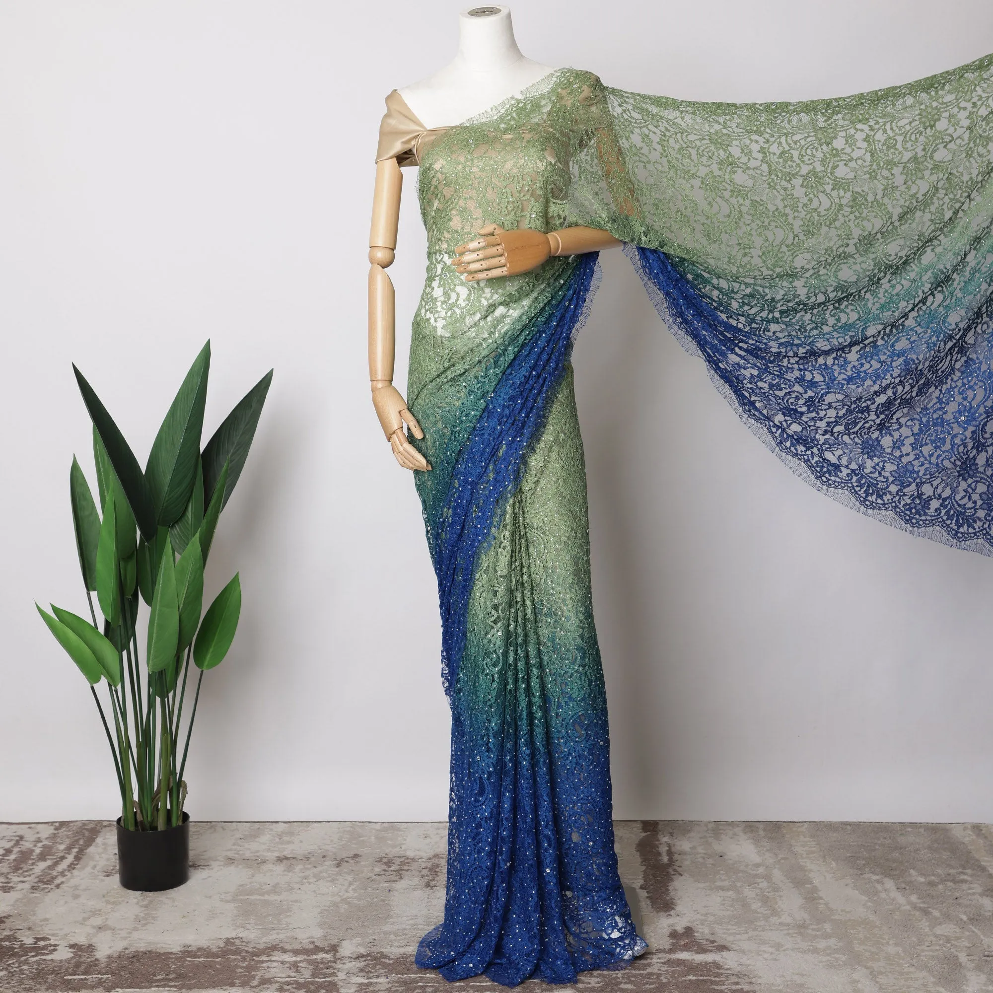 Green and Blue Ombre French Chantilly Lace Fabric with stone work – 5.5 Meters, Floral Design, 110 cm Width-D21055