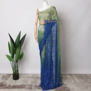 Green and Blue Ombre French Chantilly Lace Fabric with stone work – 5.5 Meters, Floral Design, 110 cm Width-D21055