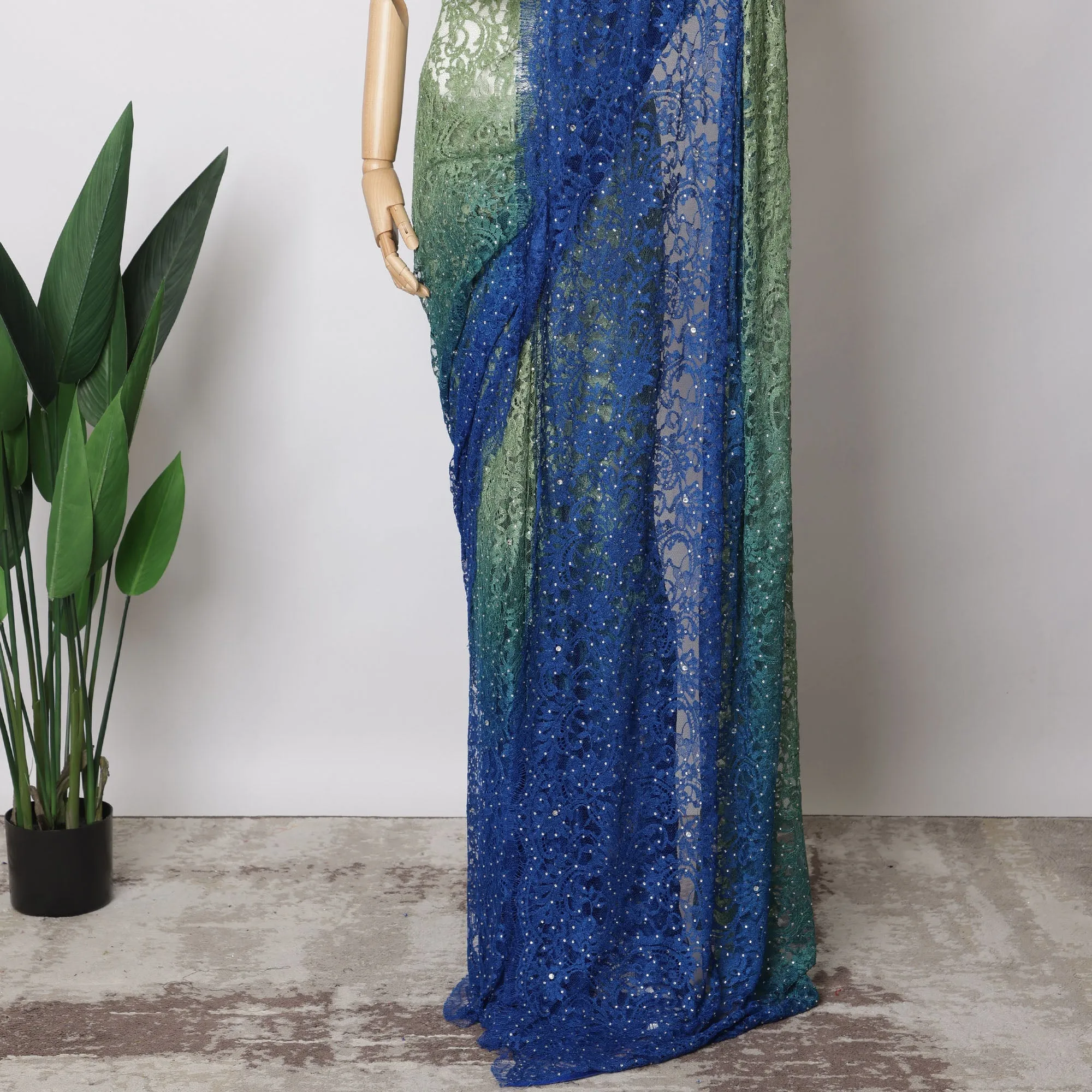 Green and Blue Ombre French Chantilly Lace Fabric with stone work – 5.5 Meters, Floral Design, 110 cm Width-D21055
