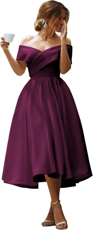 GUKARLEED Women's Off Shoulder Prom Dresses Backless Ruched Satin Formal Evening Ball Gowns Wedding Guest Dress with Pockets