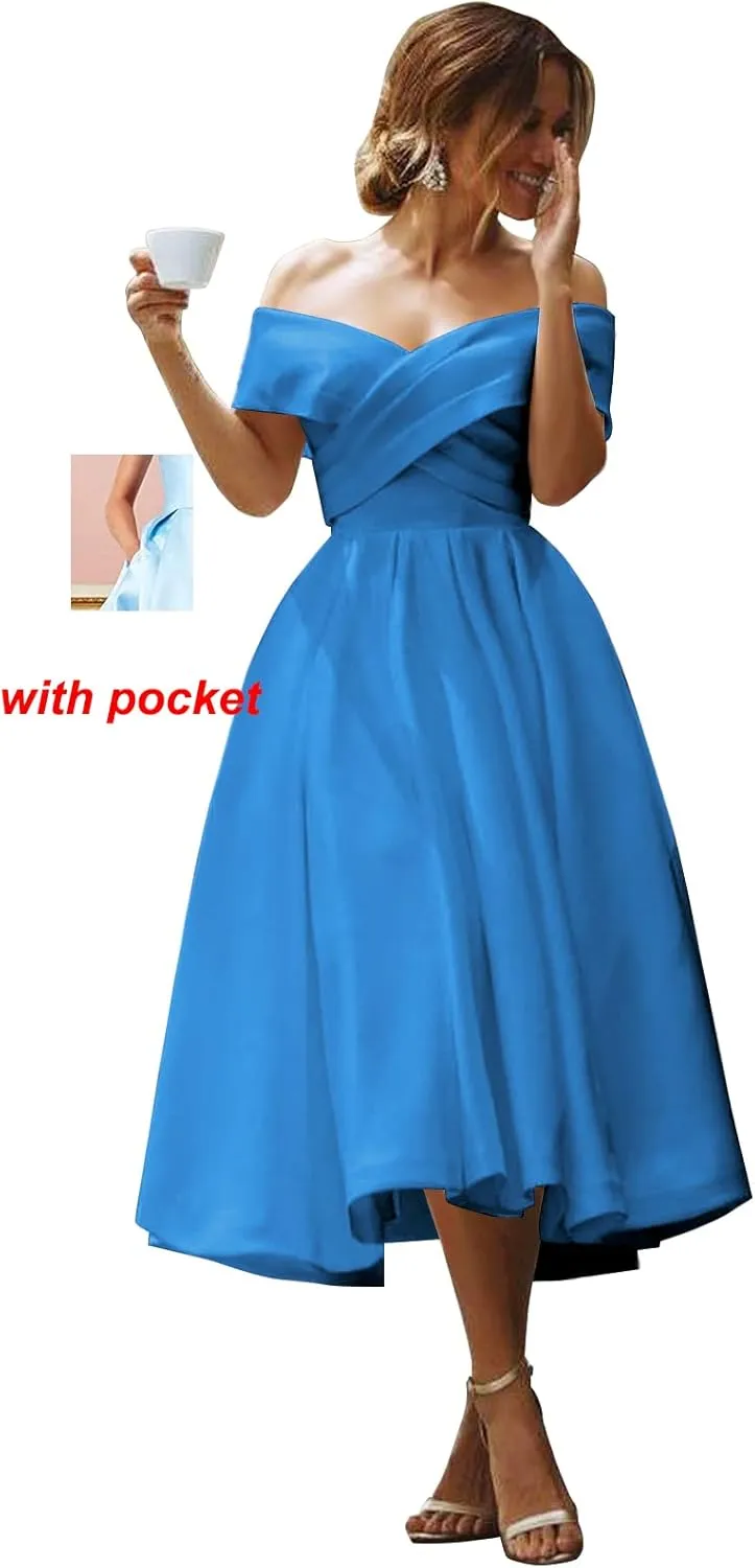 GUKARLEED Women's Off Shoulder Prom Dresses Backless Ruched Satin Formal Evening Ball Gowns Wedding Guest Dress with Pockets