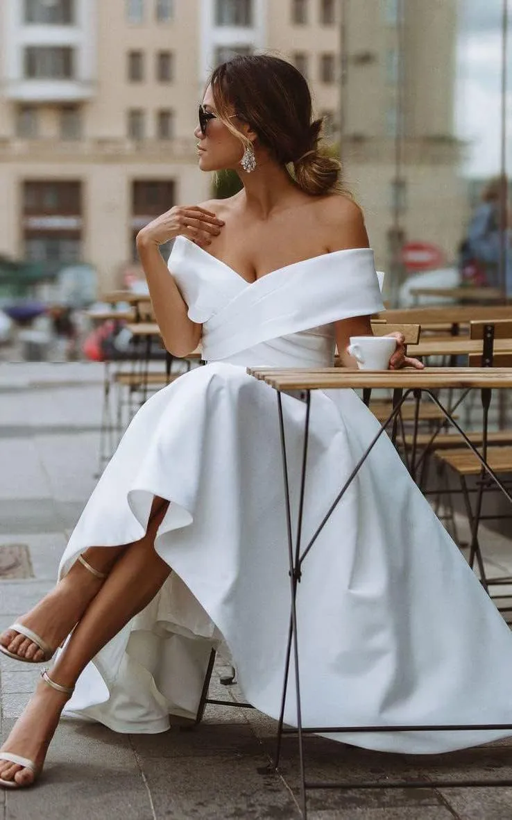 GUKARLEED Women's Off Shoulder Prom Dresses Backless Ruched Satin Formal Evening Ball Gowns Wedding Guest Dress with Pockets