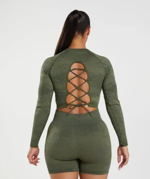 Gymshark Adapt Camo Seamless Lace Up Back Top - Moss Olive/Core Olive