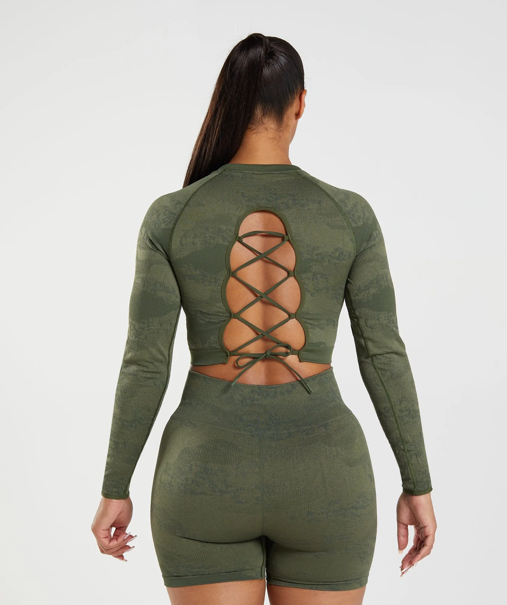 Gymshark Adapt Camo Seamless Lace Up Back Top - Moss Olive/Core Olive