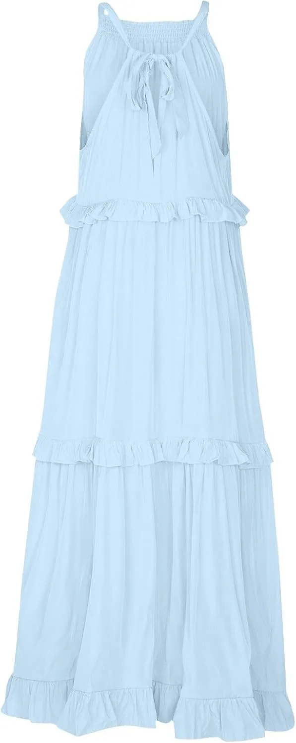 Halter Maxi Tiered Dresses for Women Summer Flowy Swing Ruffle Smocked Dress Plus Size Sundress Frocks with Pockets