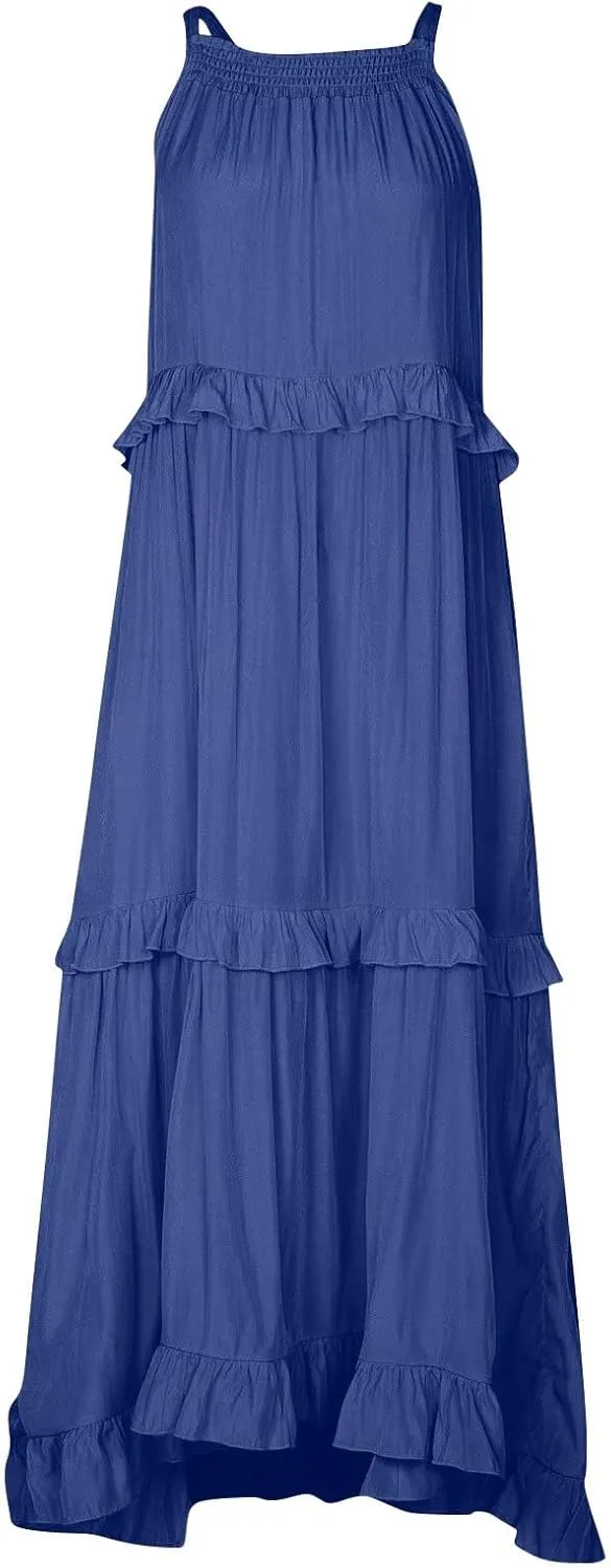 Halter Maxi Tiered Dresses for Women Summer Flowy Swing Ruffle Smocked Dress Plus Size Sundress Frocks with Pockets