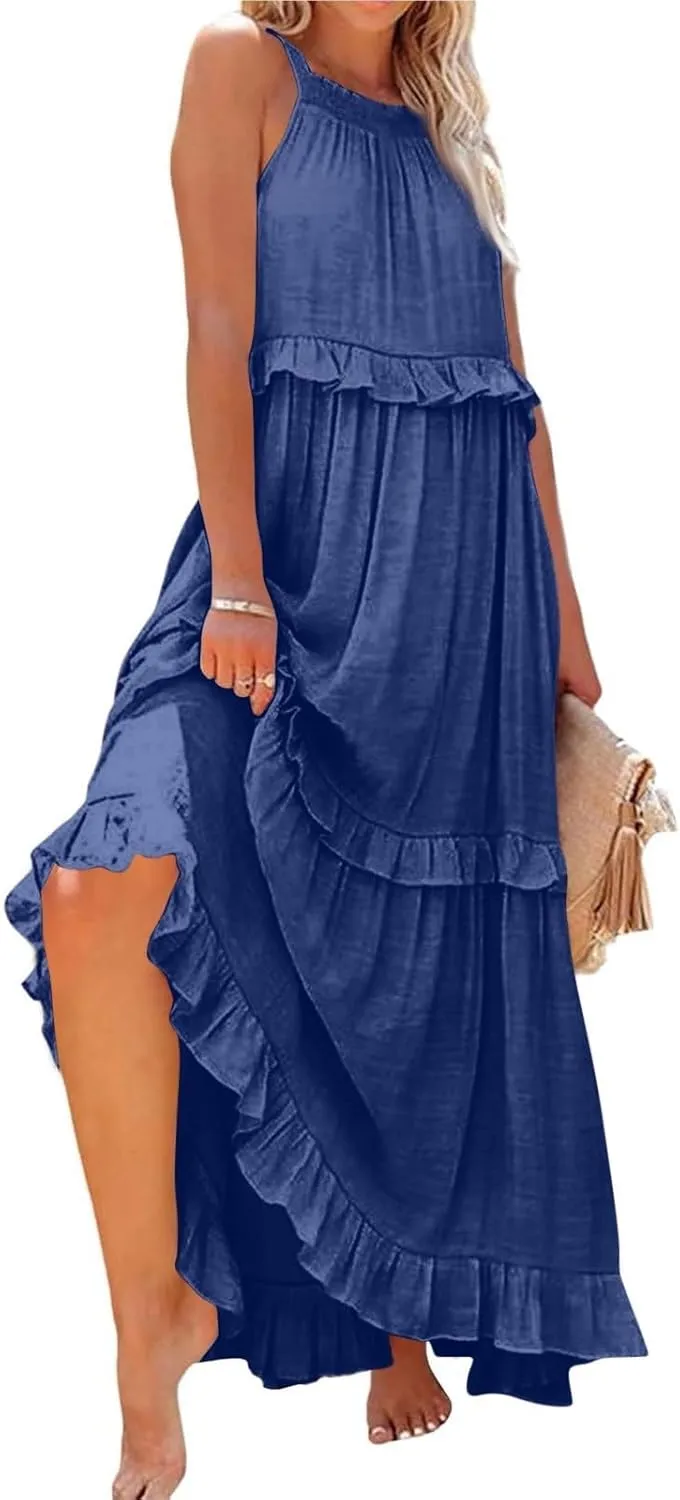 Halter Maxi Tiered Dresses for Women Summer Flowy Swing Ruffle Smocked Dress Plus Size Sundress Frocks with Pockets