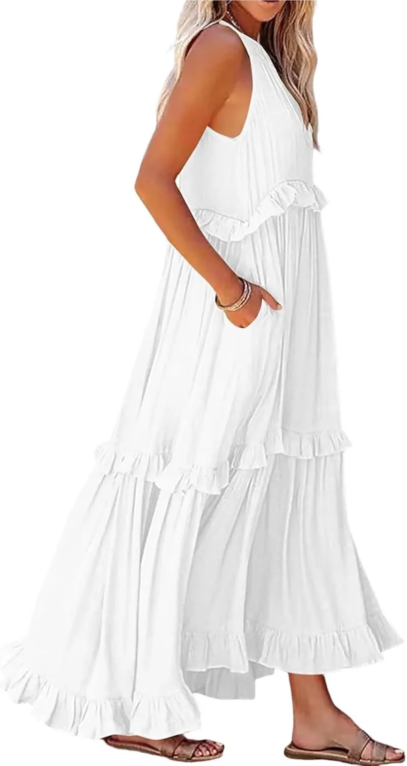 Halter Maxi Tiered Dresses for Women Summer Flowy Swing Ruffle Smocked Dress Plus Size Sundress Frocks with Pockets