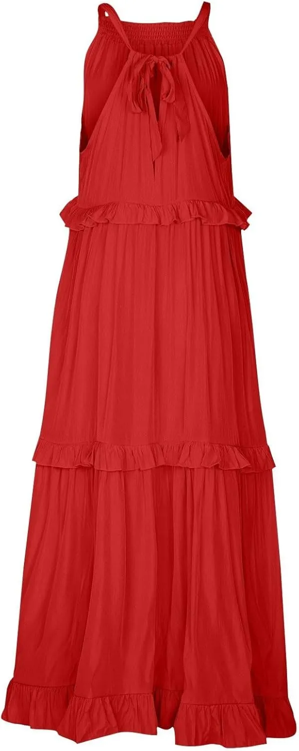 Halter Maxi Tiered Dresses for Women Summer Flowy Swing Ruffle Smocked Dress Plus Size Sundress Frocks with Pockets