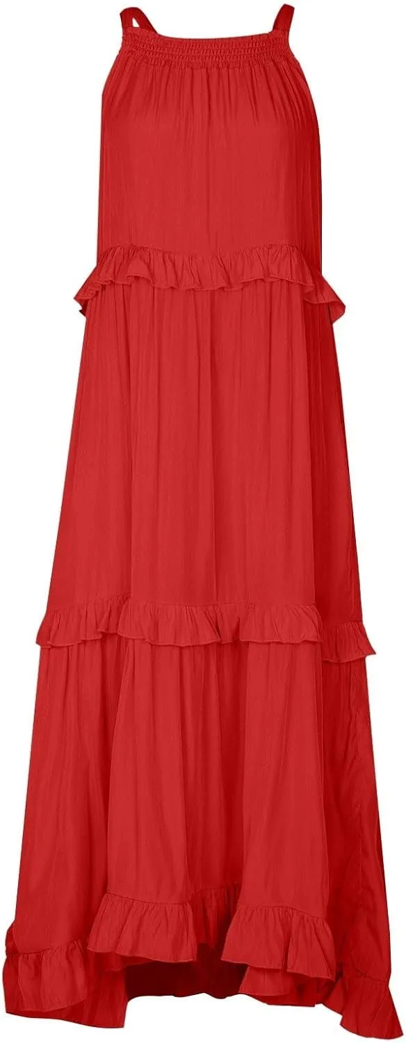 Halter Maxi Tiered Dresses for Women Summer Flowy Swing Ruffle Smocked Dress Plus Size Sundress Frocks with Pockets