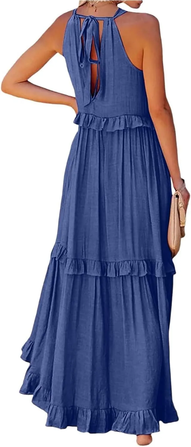 Halter Maxi Tiered Dresses for Women Summer Flowy Swing Ruffle Smocked Dress Plus Size Sundress Frocks with Pockets