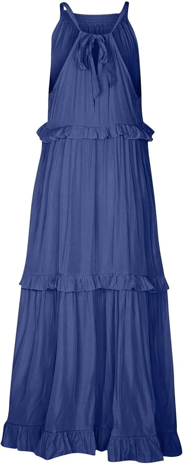 Halter Maxi Tiered Dresses for Women Summer Flowy Swing Ruffle Smocked Dress Plus Size Sundress Frocks with Pockets