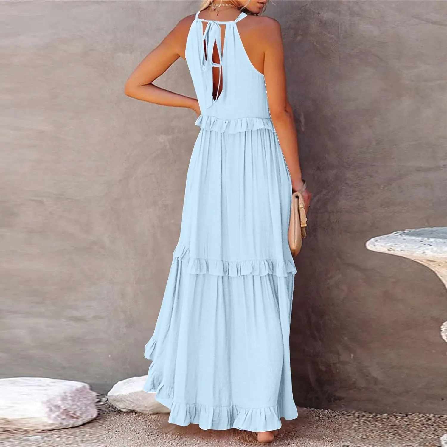 Halter Maxi Tiered Dresses for Women Summer Flowy Swing Ruffle Smocked Dress Plus Size Sundress Frocks with Pockets