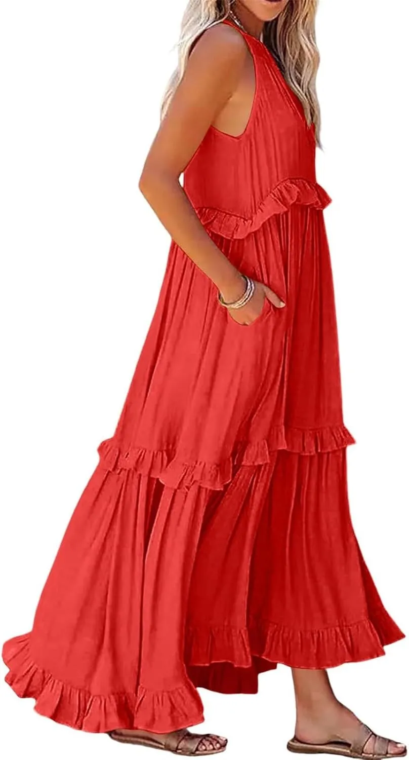 Halter Maxi Tiered Dresses for Women Summer Flowy Swing Ruffle Smocked Dress Plus Size Sundress Frocks with Pockets
