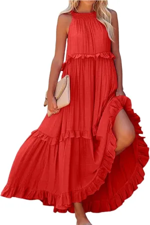Halter Maxi Tiered Dresses for Women Summer Flowy Swing Ruffle Smocked Dress Plus Size Sundress Frocks with Pockets