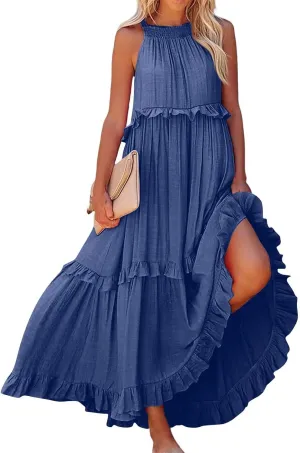 Halter Maxi Tiered Dresses for Women Summer Flowy Swing Ruffle Smocked Dress Plus Size Sundress Frocks with Pockets