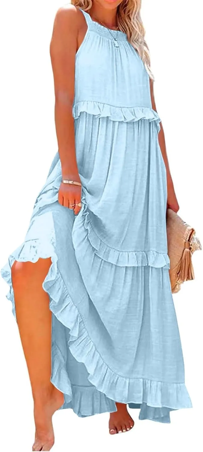 Halter Maxi Tiered Dresses for Women Summer Flowy Swing Ruffle Smocked Dress Plus Size Sundress Frocks with Pockets